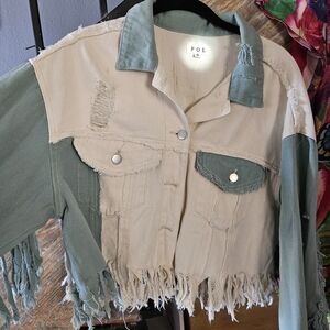 POL Women's Fringe Denim Jacket - Green and Cream